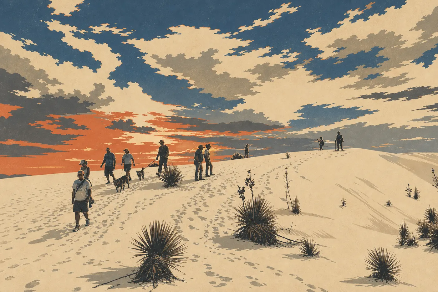 Illustration sérigraphiée : Des silhouettes de visiteurs contemplent un coucher de soleil rose depuis une crête de gypse.