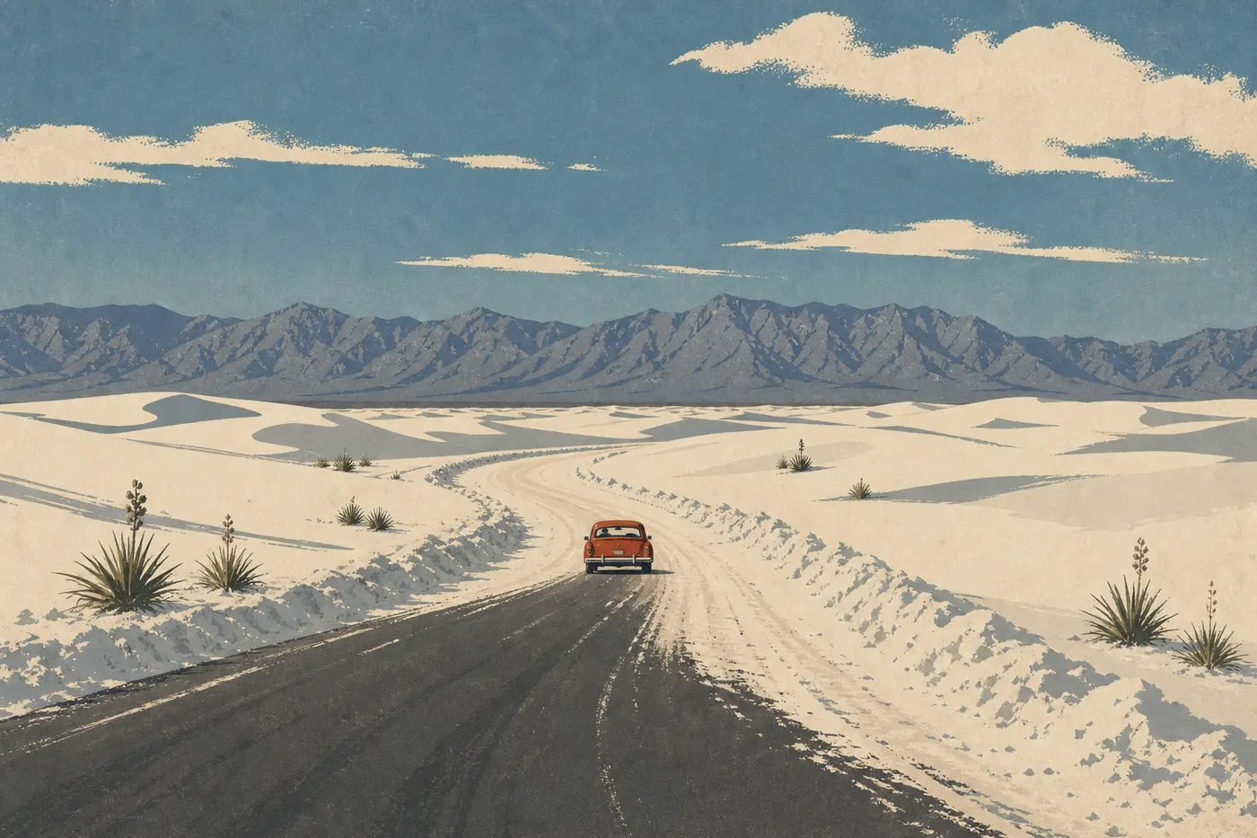 Illustration sérigraphiée : Une voiture suit Dunes Drive entre les congères de gypse et les montagnes du bassin.