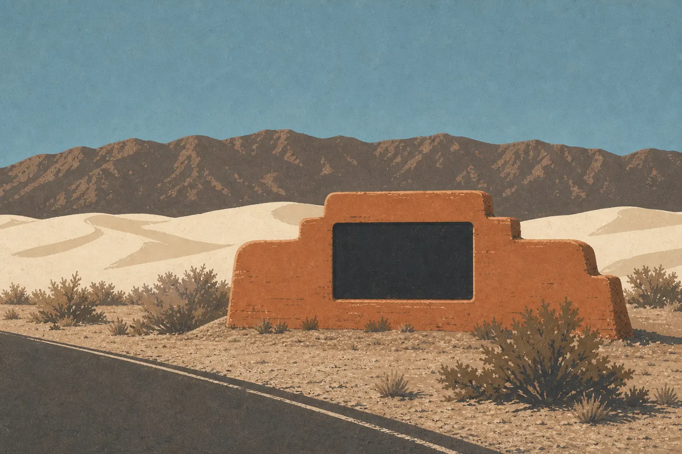 Illustration sérigraphiée : Le panneau d’entrée de White Sands accueille les voyageurs depuis la route US 70.