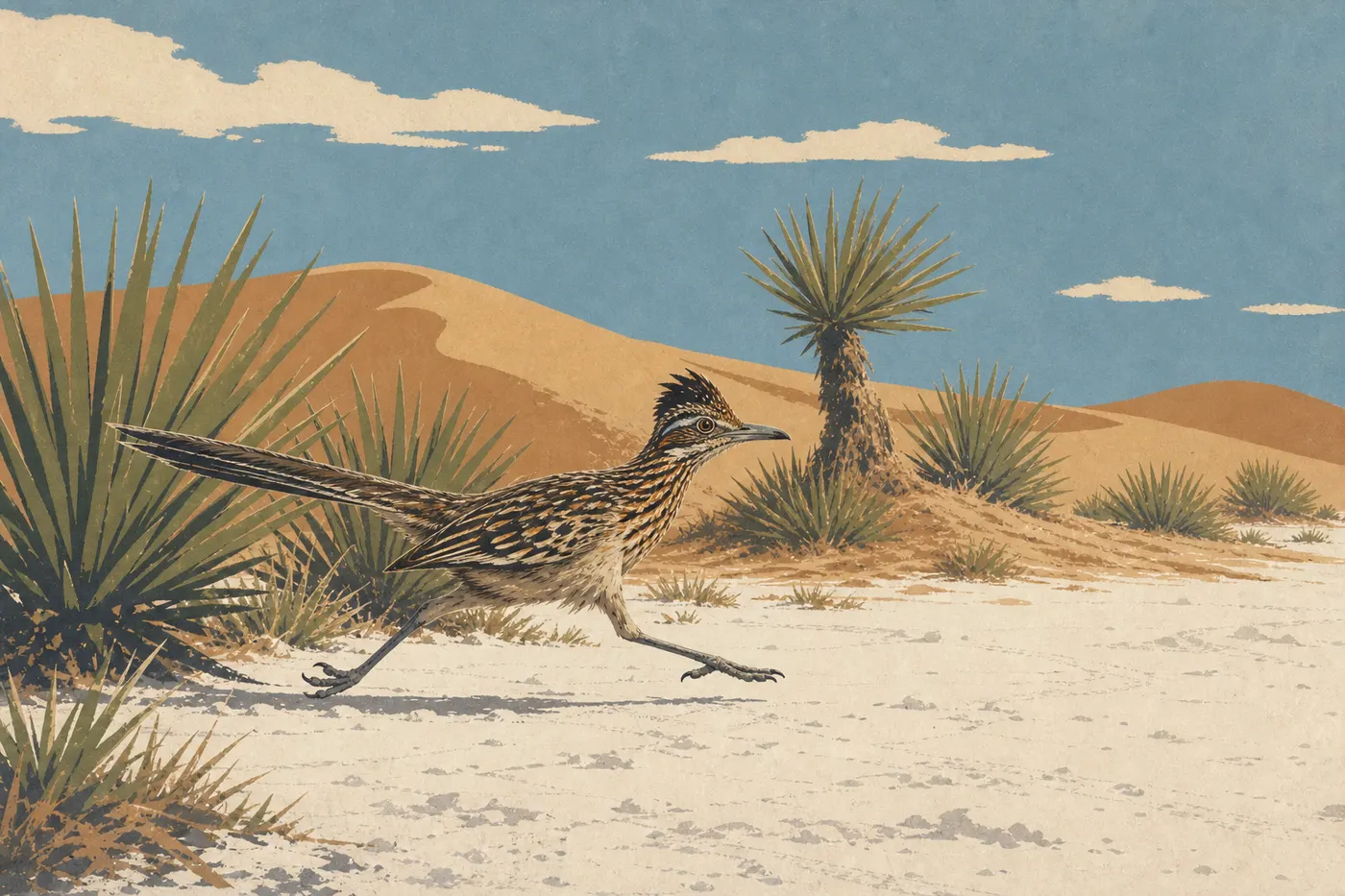 Illustration sérigraphiée : Un grand géocoucou court entre les yuccas et le sable blanc en bordure des dunes.