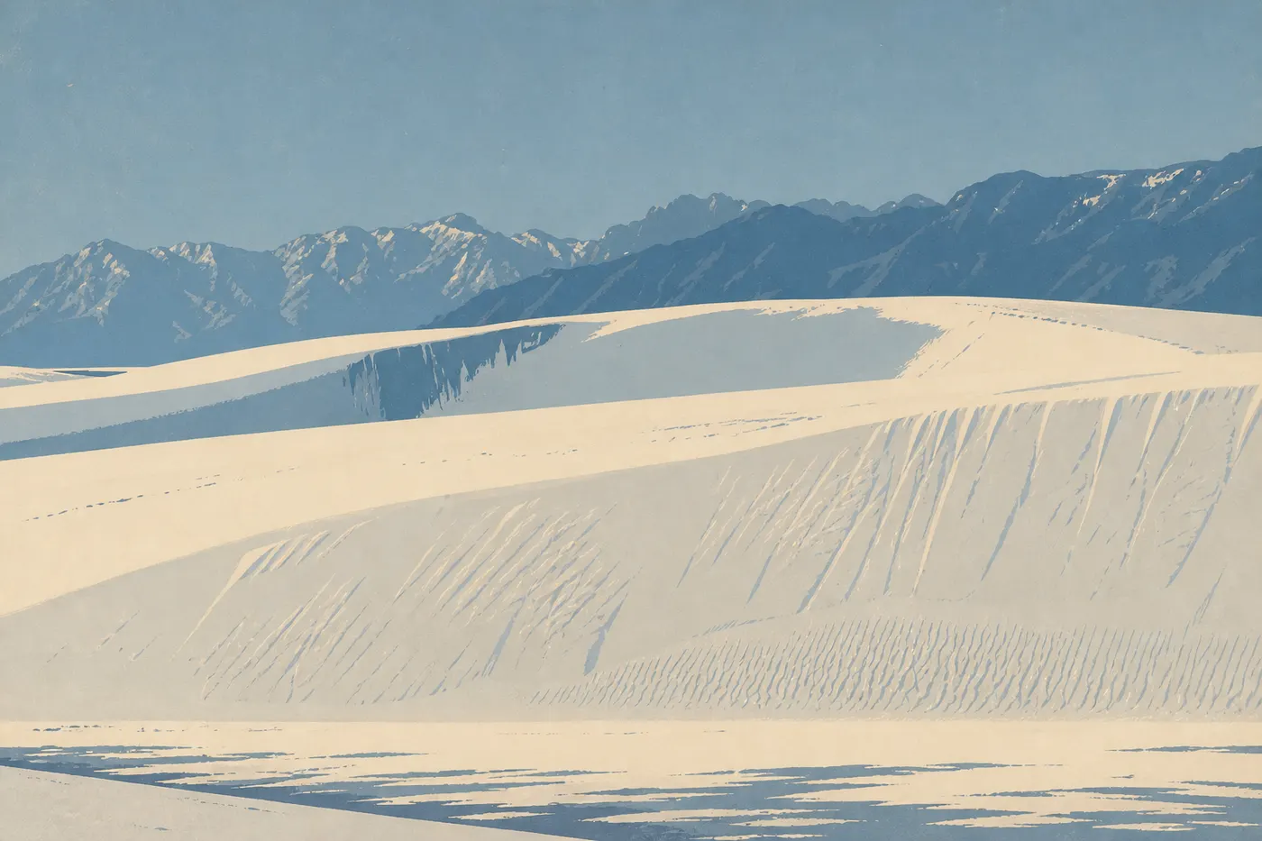 Screen-printed illustration: Pristine winter dunes stretch under cold light before snow-covered mountains.