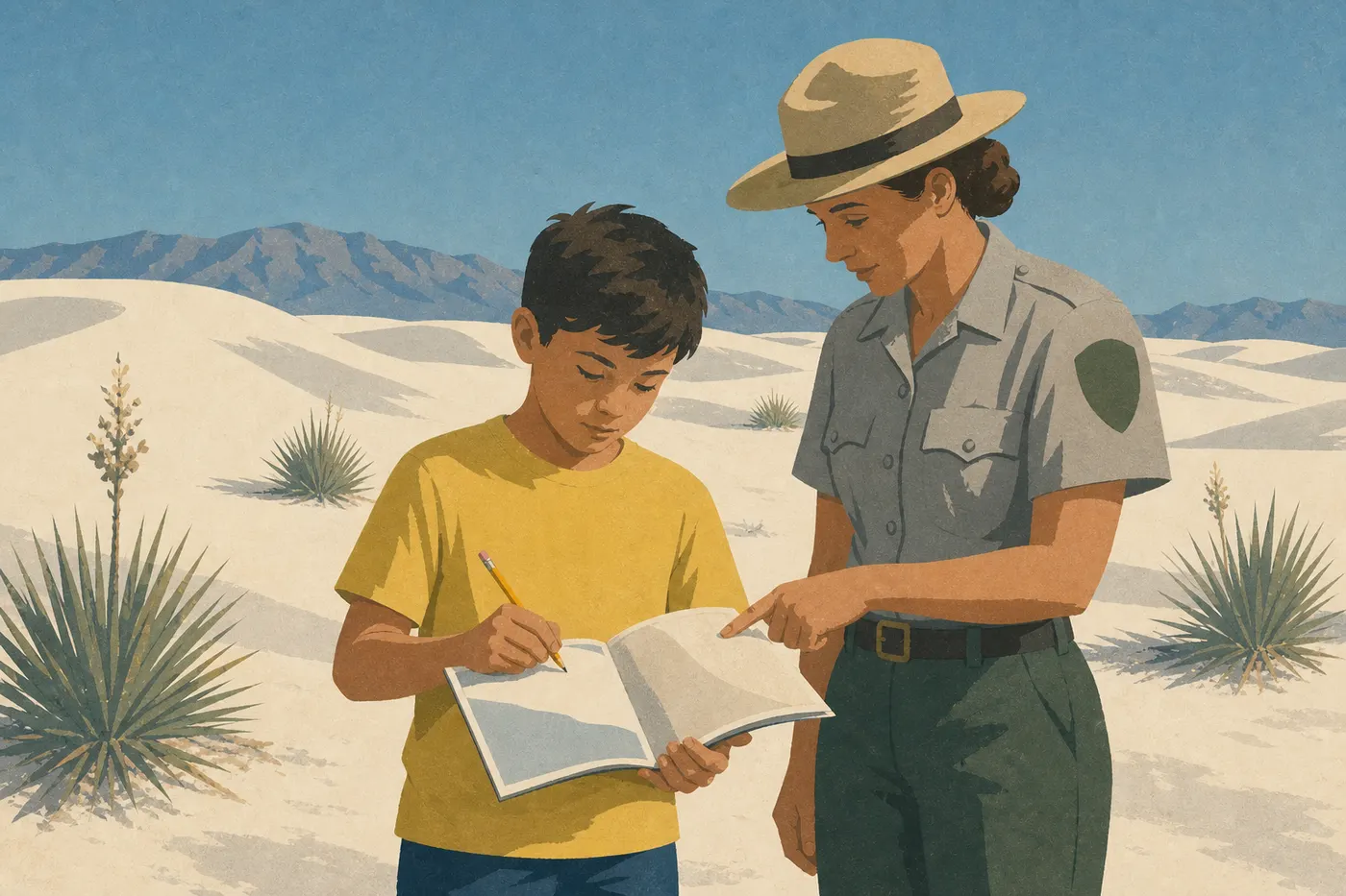 Illustration sérigraphiée : Un jeune visiteur complète son livret Junior Ranger avec un garde devant les dunes.