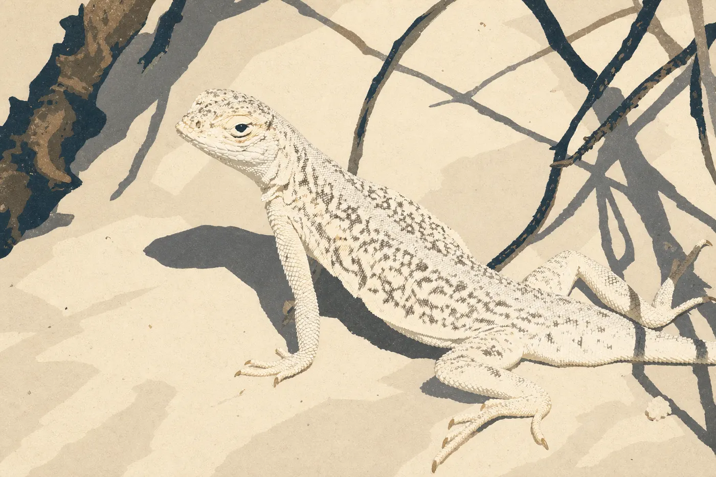 Illustration sérigraphiée : Un lézard décoloré presque blanc se camoufle parmi les grains de gypse des dunes.