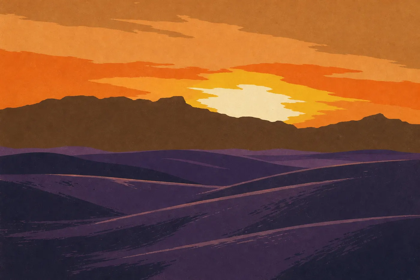 Illustration sérigraphiée : Un photographe cadre les ondulations et les ombres bleues des dunes de gypse au crépuscule.