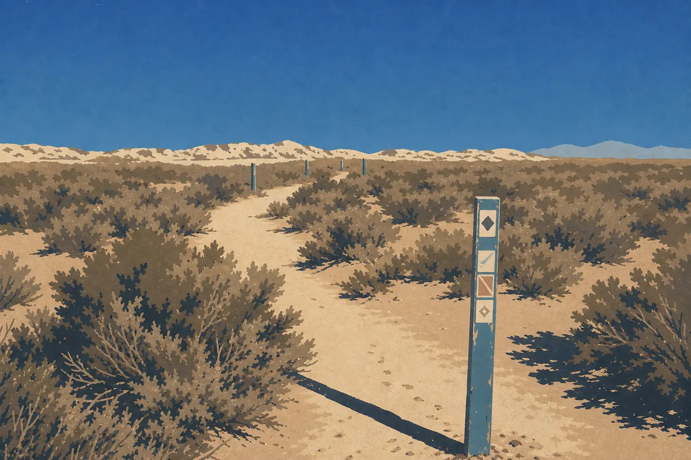 Illustration sérigraphiée : Le Playa Trail traverse une dépression argileuse ponctuée de végétation et de traces animales.