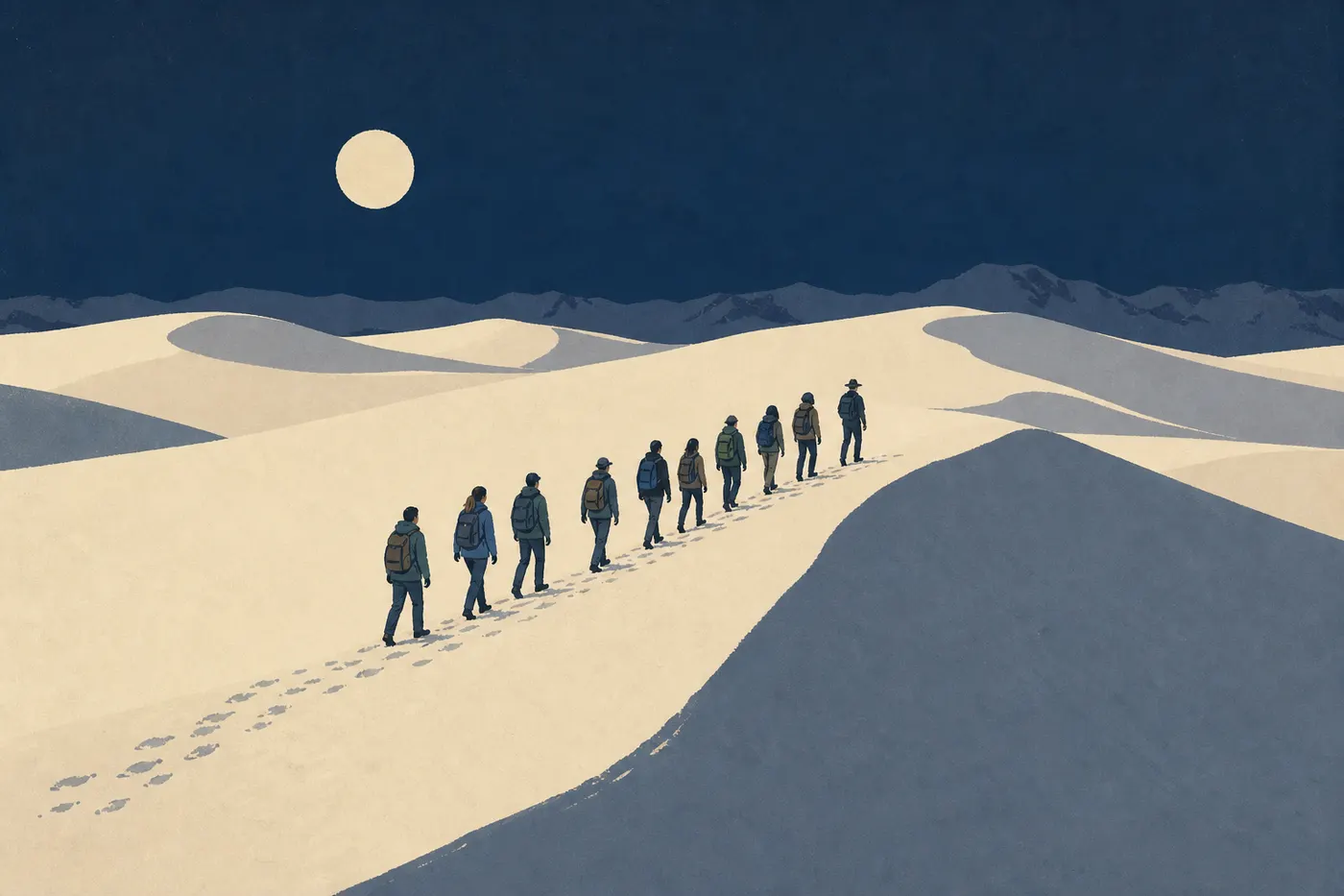 Illustration sérigraphiée : Un groupe guidé marche sur les dunes lumineuses sous la pleine lune de White Sands.