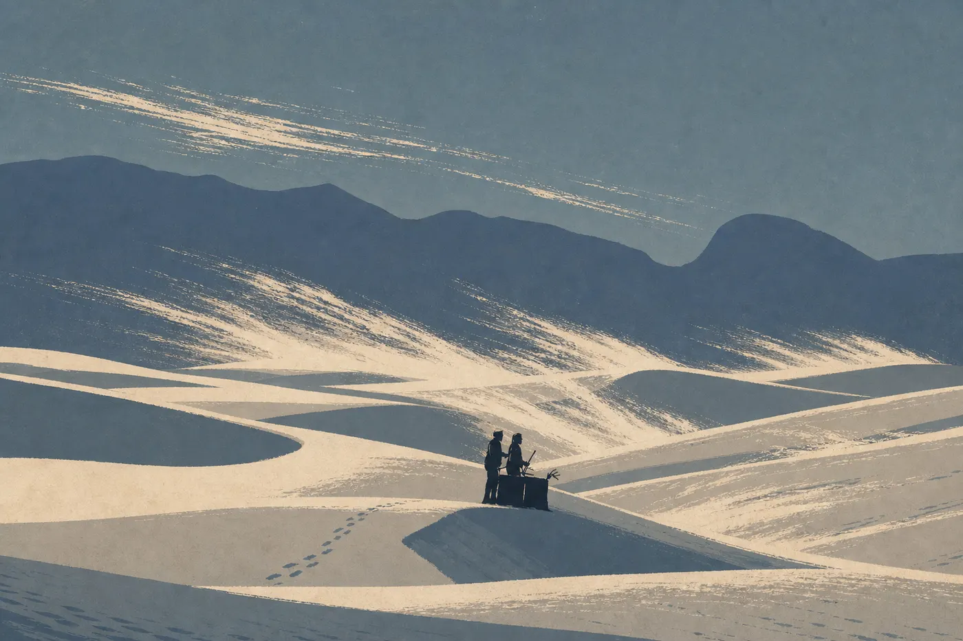 Screen-printed illustration: Blown gypsum plumes sweep across the dune crests in a spring wind.
