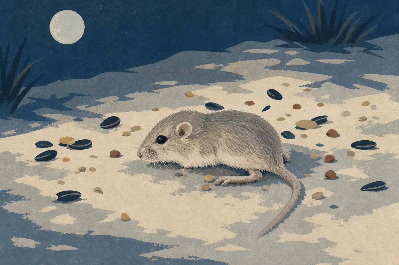 Illustration sérigraphiée : Une souris à poche apache au pelage pâle se tient sur le sable blanc nocturne.
