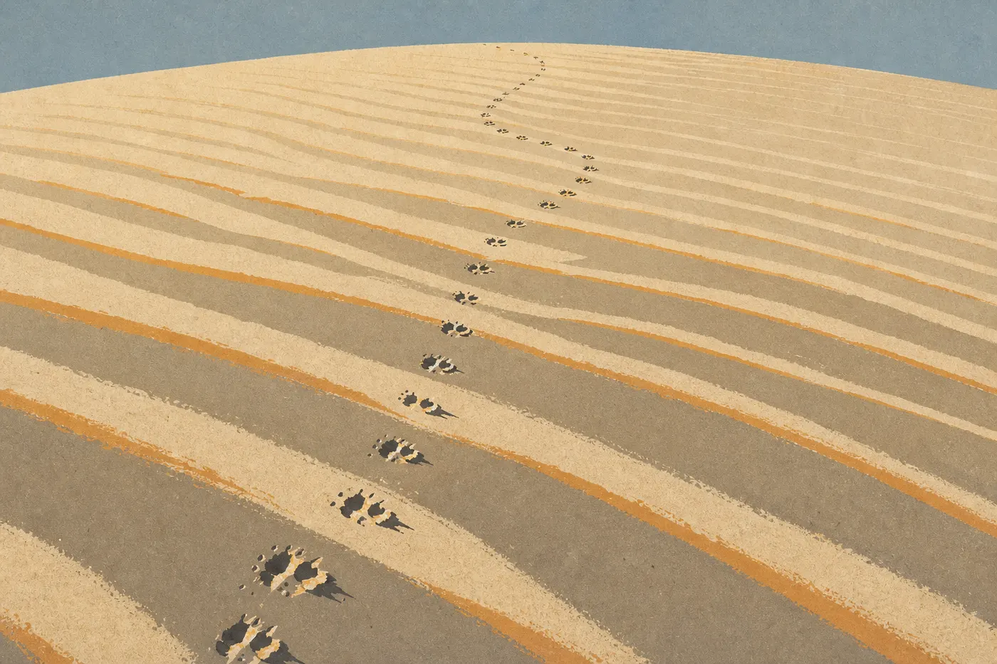 Illustration sérigraphiée : Des empreintes animales dessinent une piste sinueuse sur une dune blanche éclairée à ras.