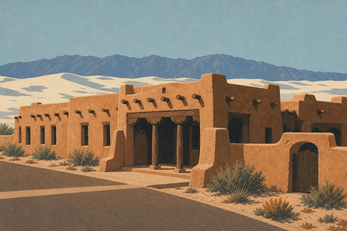 Illustration sérigraphiée : Le visitor center historique en adobe, éclairé par le soleil couchant devant les dunes blanches.