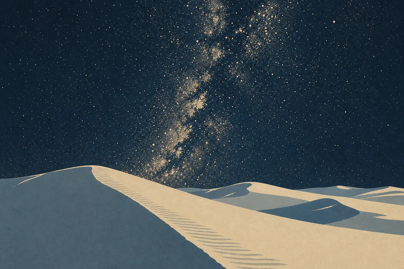 Illustration sérigraphiée : La Voie lactée s’élève au-dessus des dunes blanches, isolées sous un ciel nocturne limpide.
