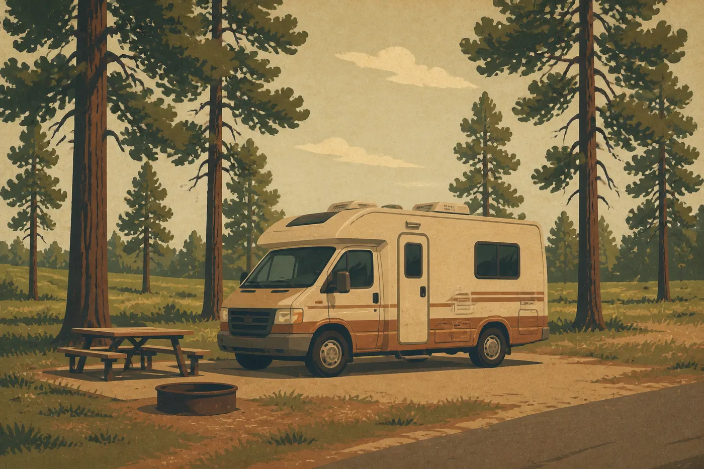Illustration sérigraphiée : Camping-car stationné sur un emplacement herbeux d’Elk Mountain Campground parmi les pins ponderosa clairsemés.