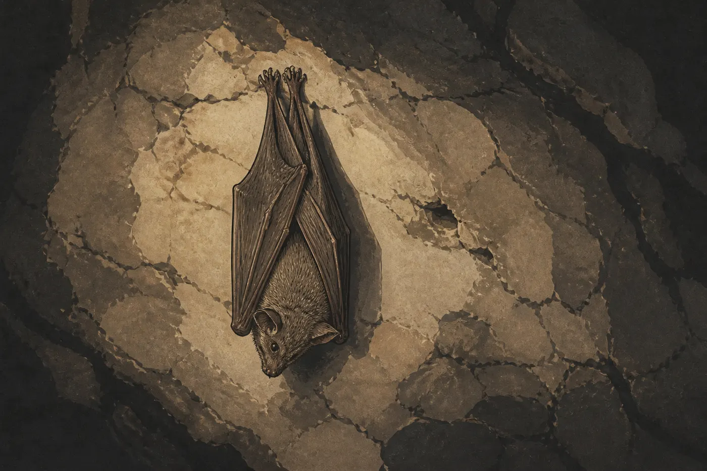 Illustration sérigraphiée : Petite chauve-souris accrochée à une paroi calcaire sombre dans le réseau souterrain de Wind Cave.