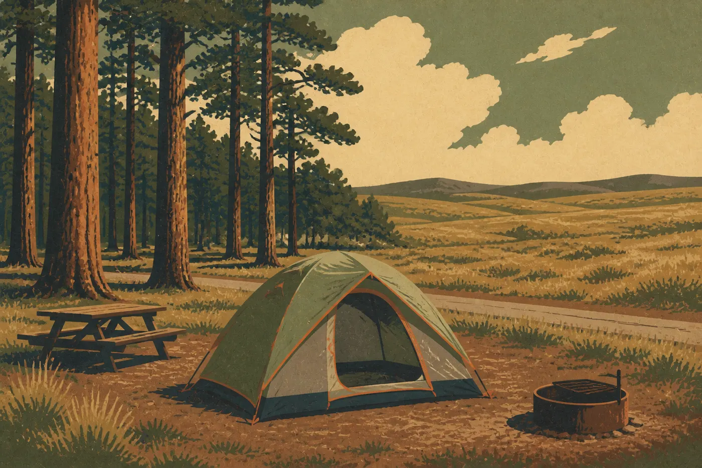 Illustration sérigraphiée : Tente installée à Elk Mountain Campground, exactement à la lisière des pins ponderosa et de la prairie.