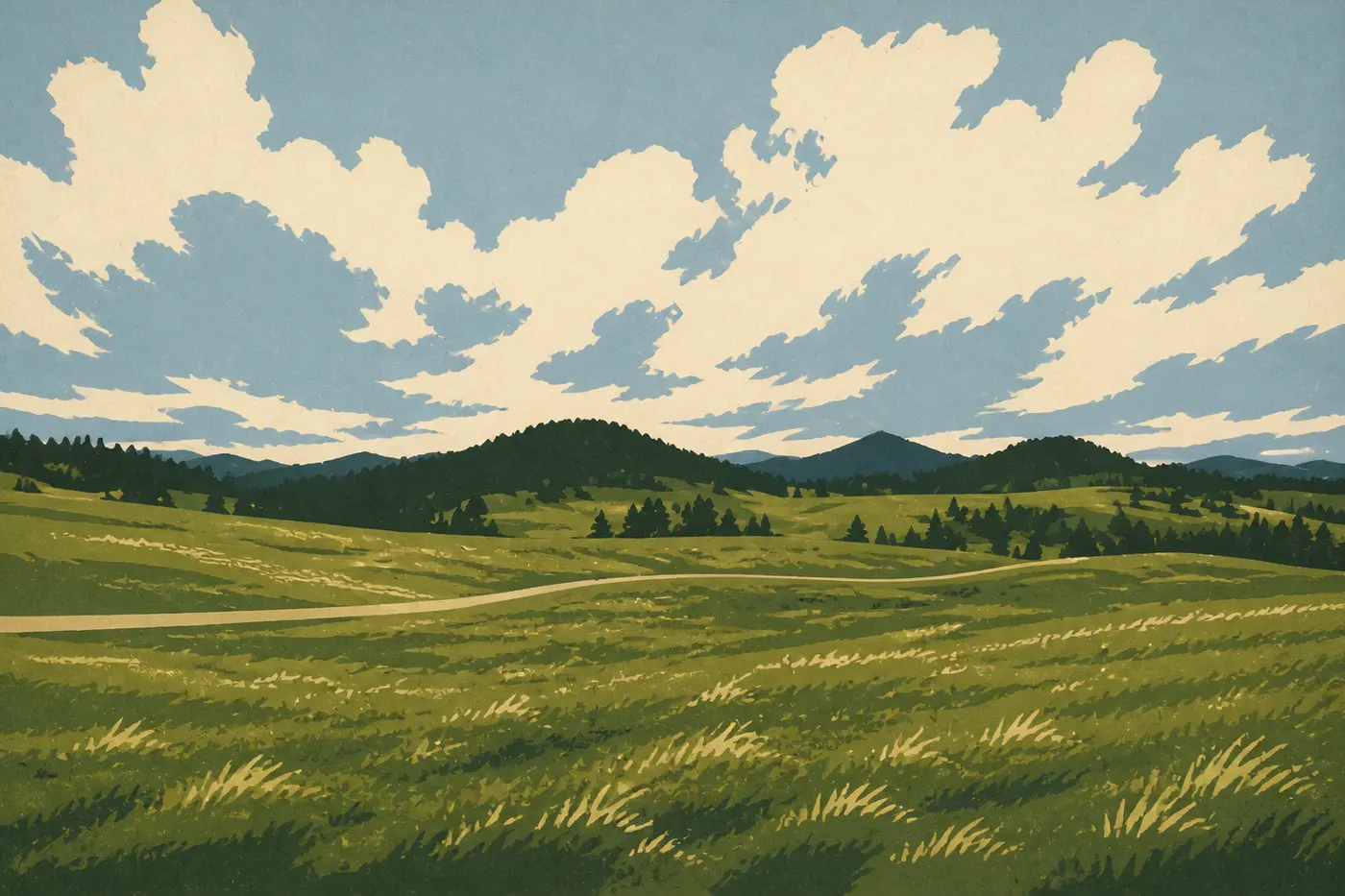 Screen-printed illustration: Green summer prairie at Wind Cave rolling beneath a vast blue sky among scattered ponderosa pines.
