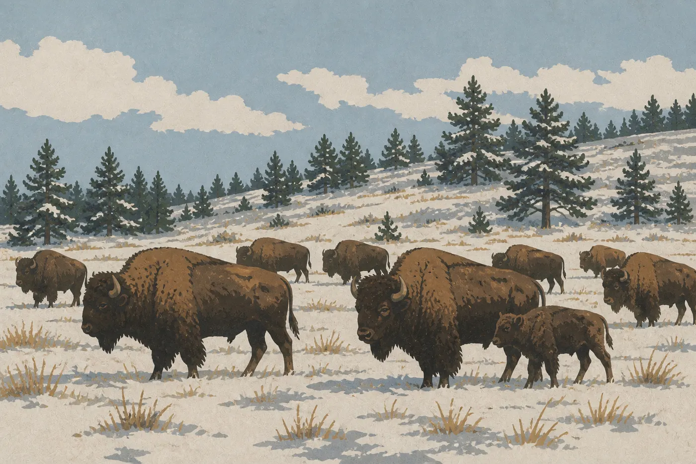 Screen-printed illustration: A herd of bison in Wind Cave’s snowy prairie, before snow-laden ponderosa pines