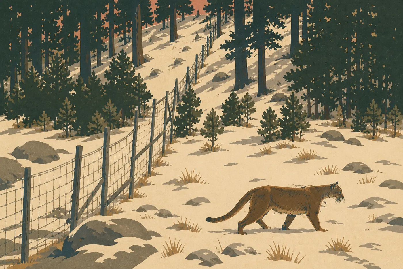 Screen-printed illustration: Mountain lion moving quietly among the rocks and ponderosa pines of the Wind Cave hills.