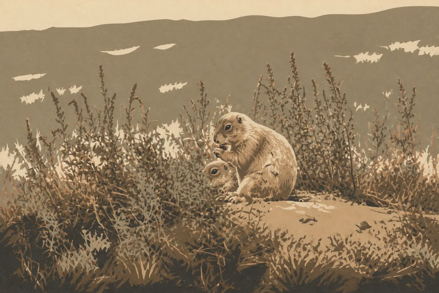 Illustration sérigraphiée : Deux chiens de prairie à queue noire dressés près de leur terrier dans une colonie de Wind Cave.