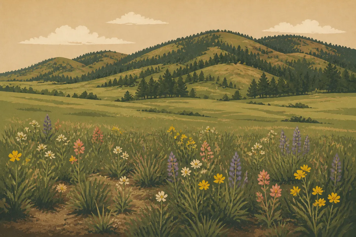 Screen-printed illustration: Spring wildflowers coloring Wind Cave’s mixed-grass prairie at the foot of the Black Hills.