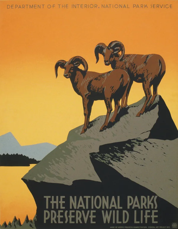 The national parks preserve wild life, affiche WPA pour le National Park Service, vers 1938