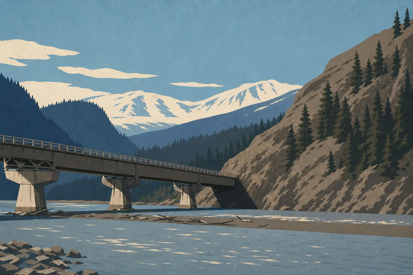 Illustration sérigraphiée : La Copper River Bridge marque le départ de la McCarthy Road près de Chitina et des falaises boisées.