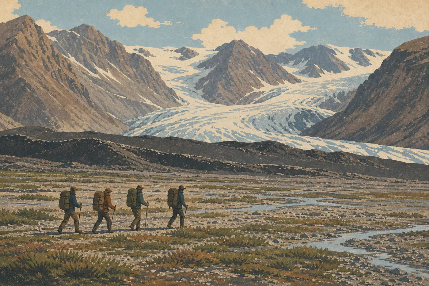 Illustration sérigraphiée : Des randonneurs traversent la toundra isolée de Donoho Basin devant glaciers, moraines et hautes montagnes.