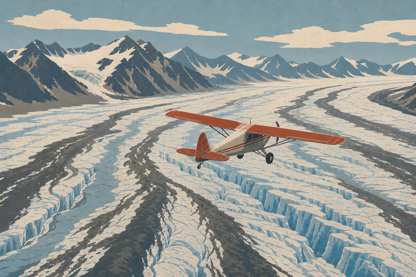 Screen-printed illustration: A small plane flies over the crevasses of Nabesna Glacier, with the Wrangell peaks on the horizon.