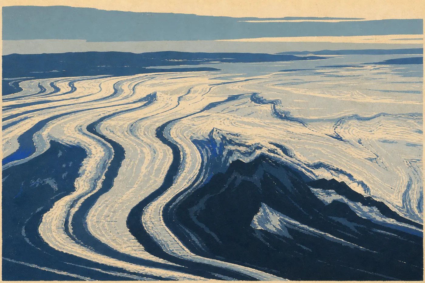 Illustration sérigraphiée : Vue aérienne du glacier Malaspina étalant son immense lobe de glace entre montagnes et côte d'Alaska.