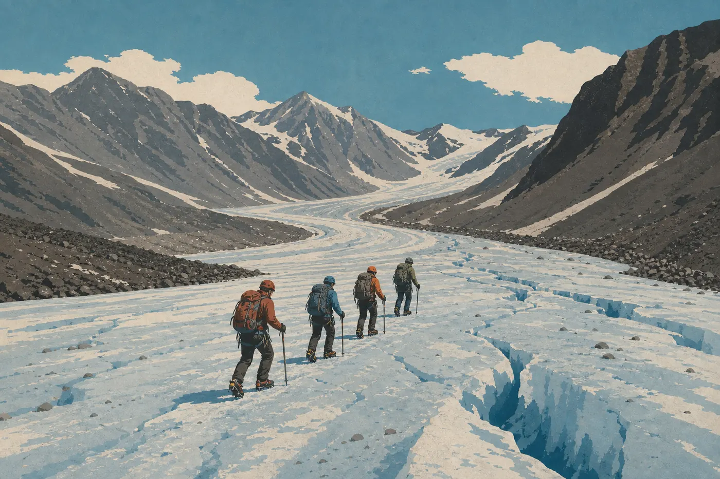 Illustration sérigraphiée : Des marcheurs équipés de crampons avancent sur la glace bleutée et crevassée du Root Glacier.