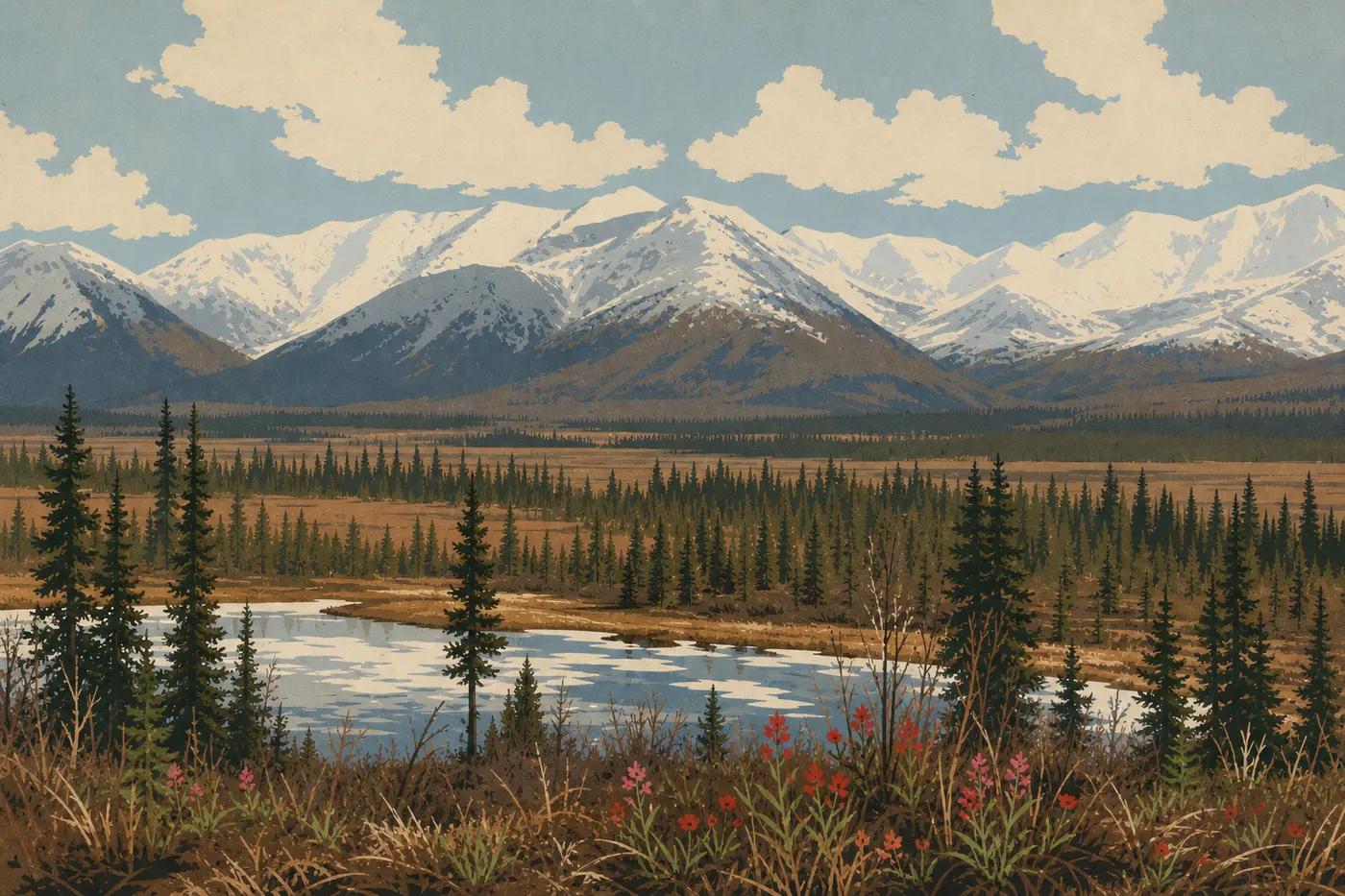 Screen-printed illustration: Snow retreats around Copper Center as the first flowers appear in the wet tundra.