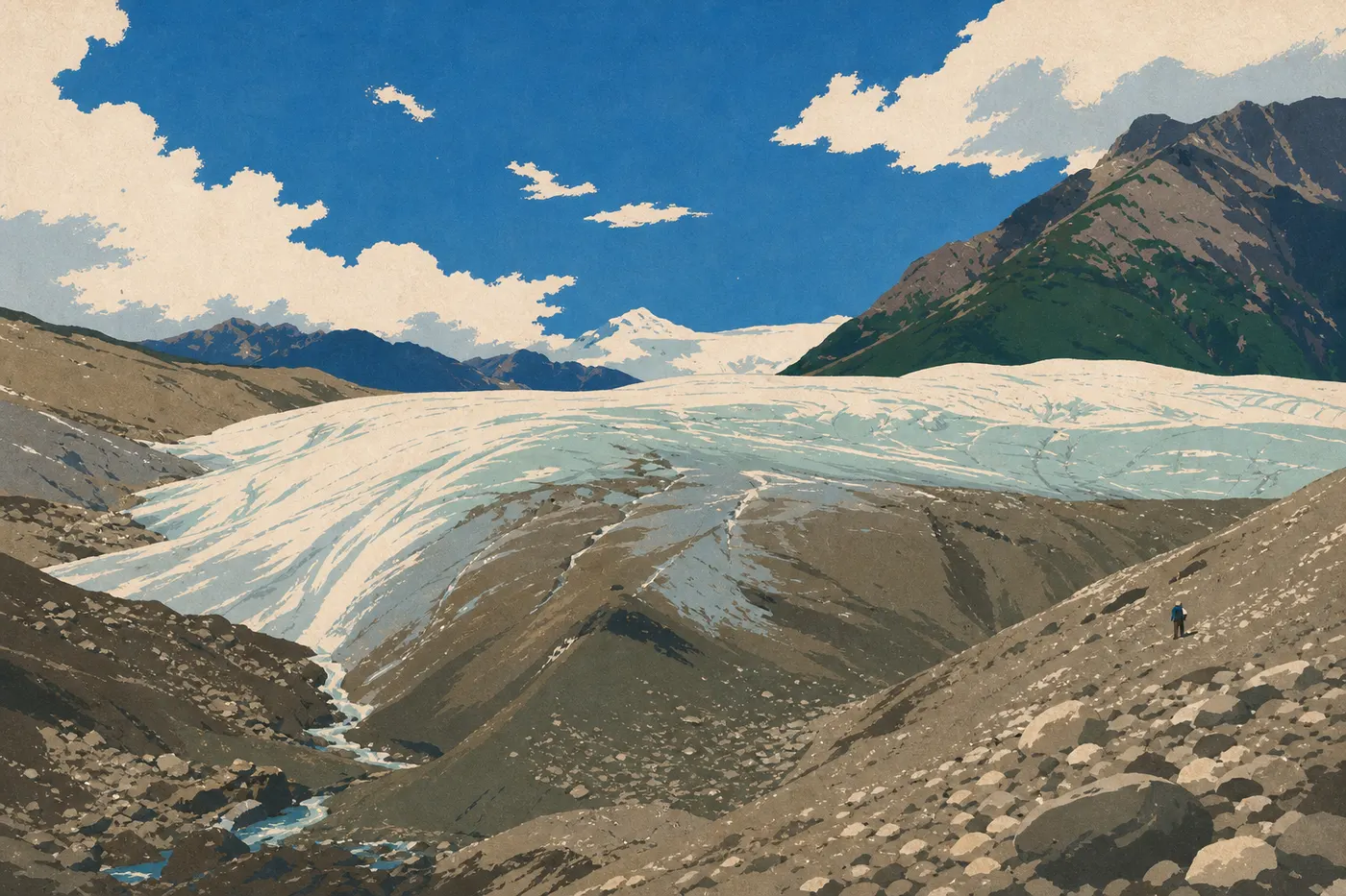 Screen-printed illustration: Under a clear summer sky, visitors view Root Glacier from the Kennecott Trail.