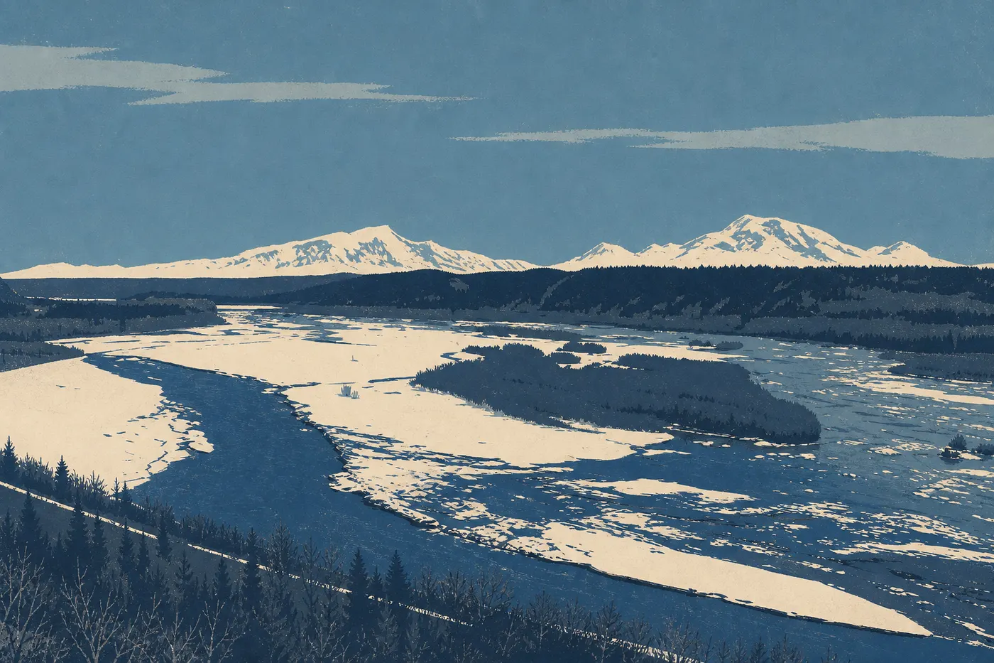 Screen-printed illustration: A snow-covered river winds through the silent forest of Copper Center beneath a pale winter sky.
