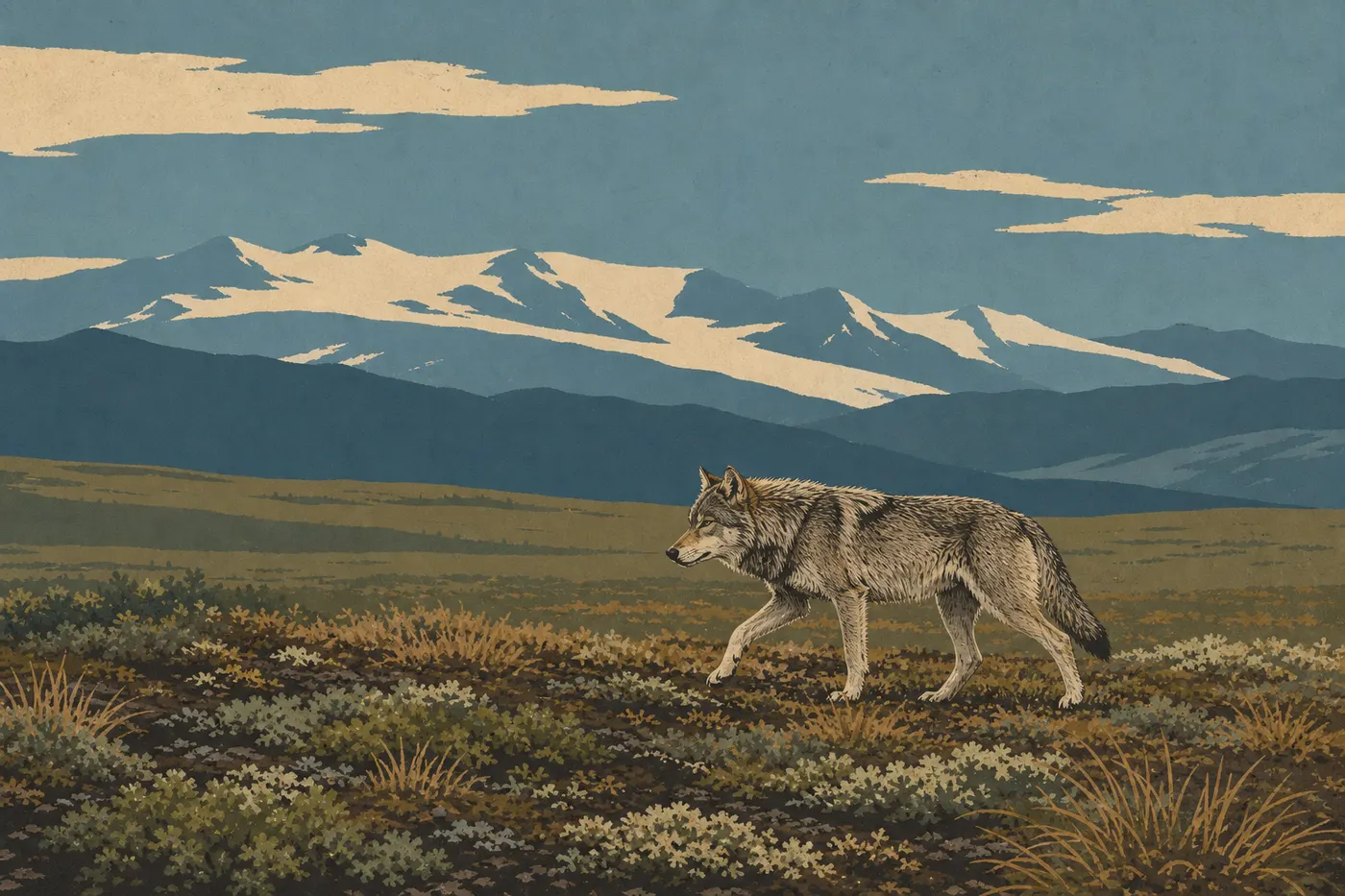 Illustration sérigraphiée : Un loup gris solitaire marche dans la toundra avec les montagnes Wrangell floutées derrière lui.