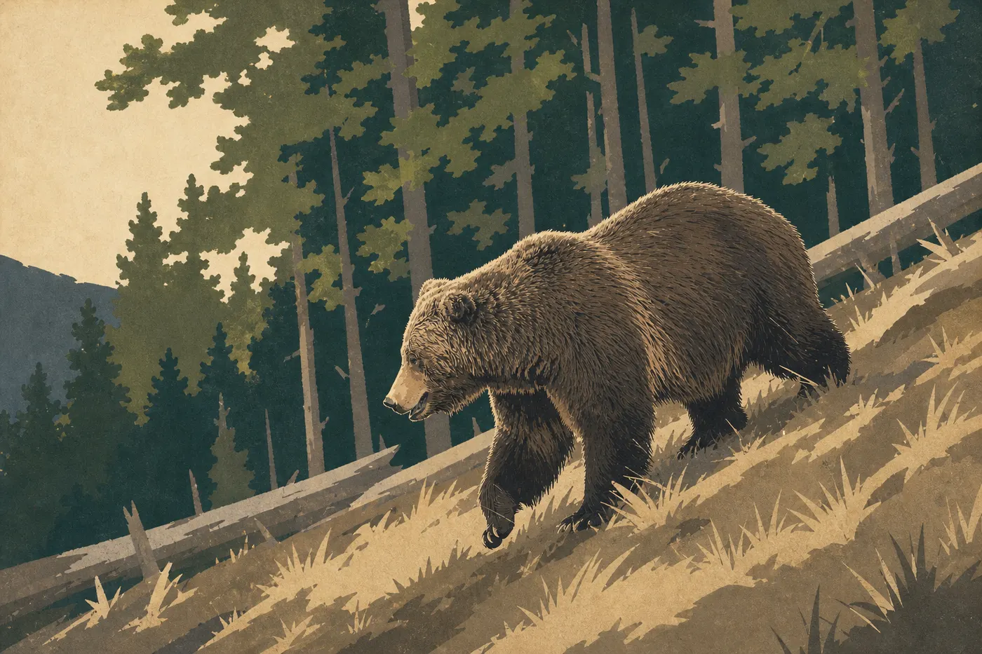 Illustration sérigraphiée : Grizzli dans une prairie du parc national Yellowstone