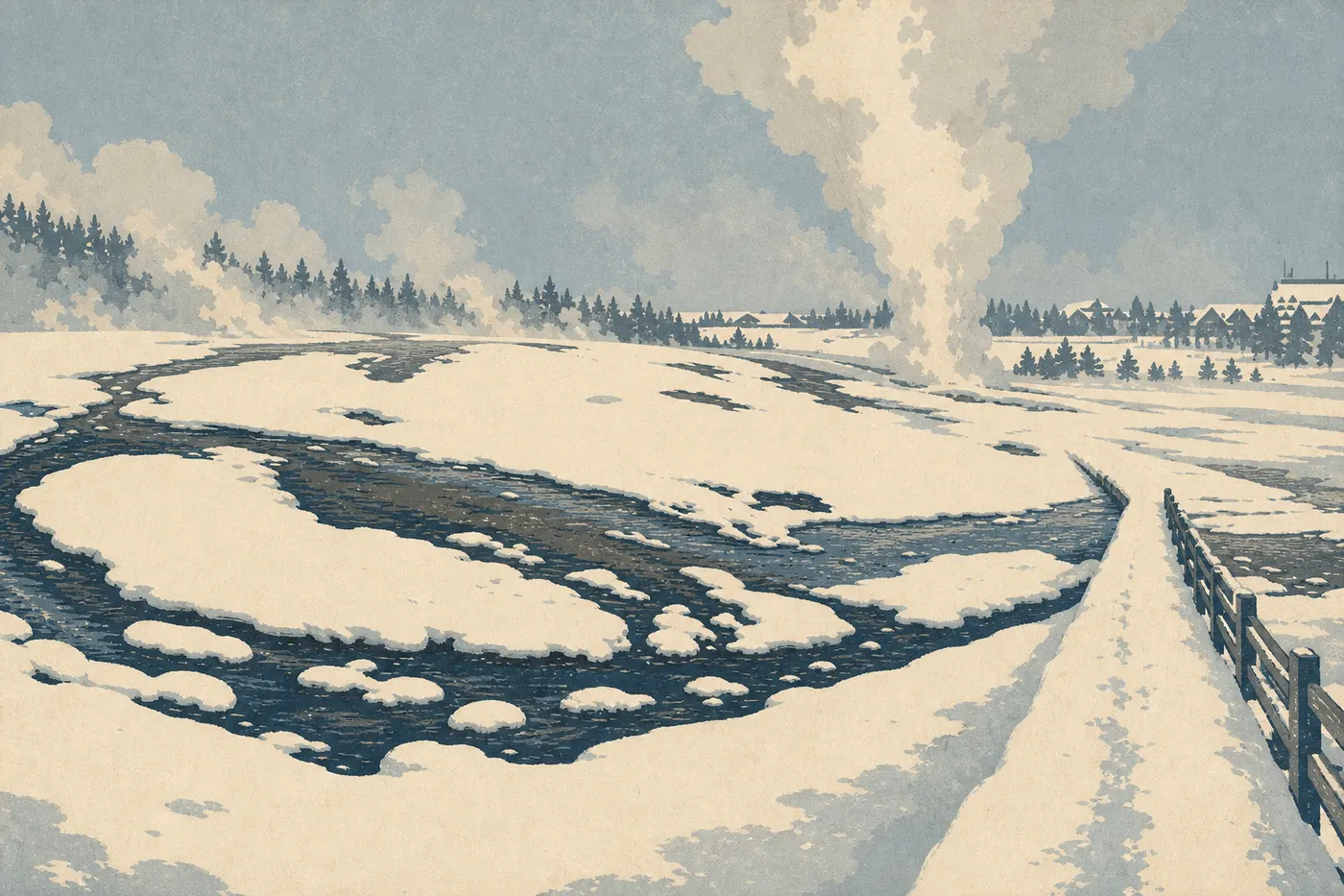Illustration sérigraphiée : Yellowstone sous la neige : geyser fumant et paysage entièrement blanc