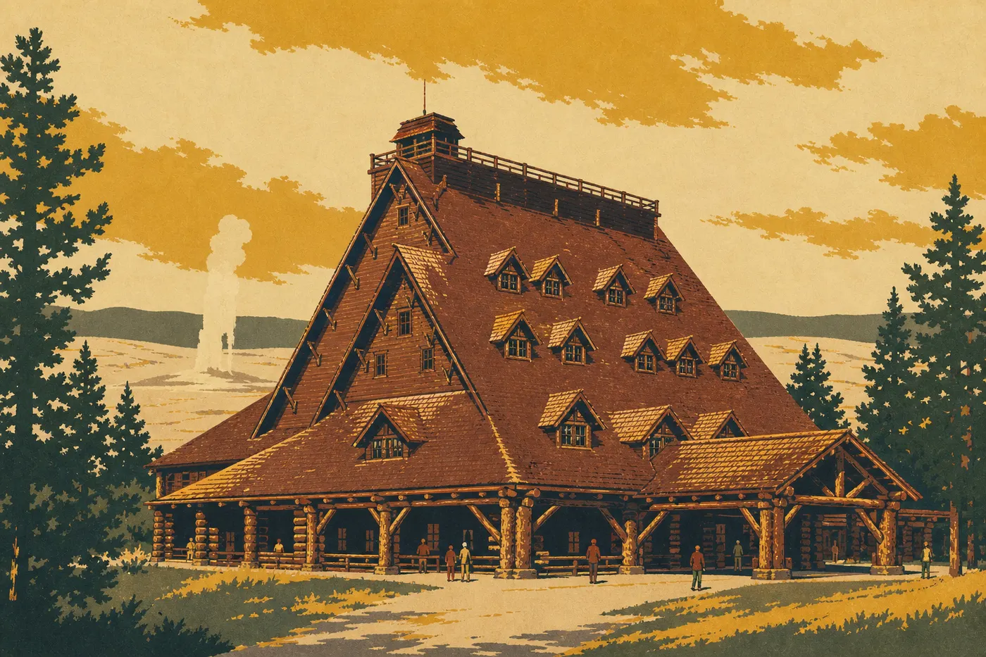 Illustration sérigraphiée : Old Faithful Inn, grand lodge historique en rondins, vu de l'extérieur