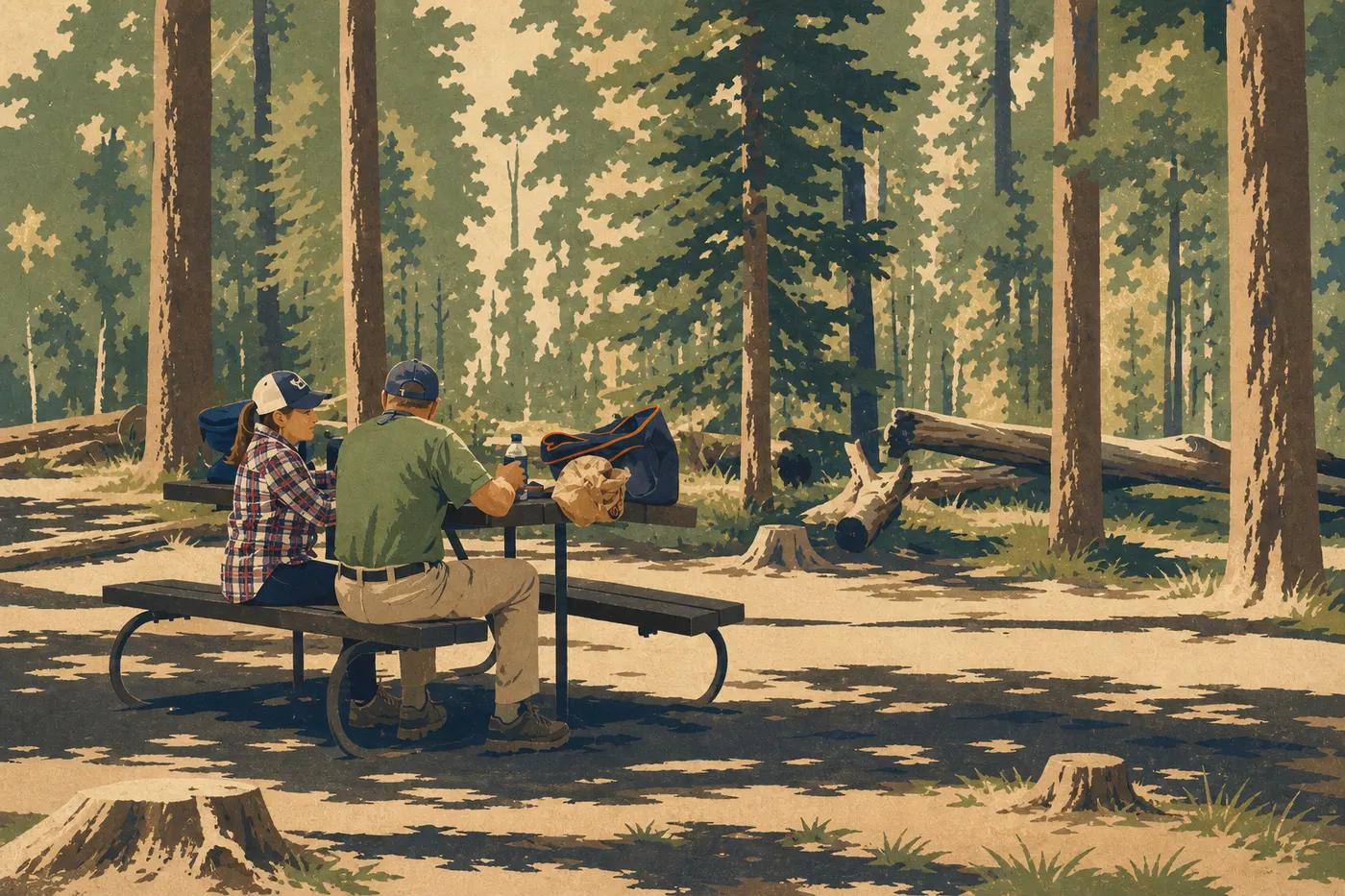 Illustration sérigraphiée : Aire de pique-nique avec table en bois face à un paysage de Yellowstone