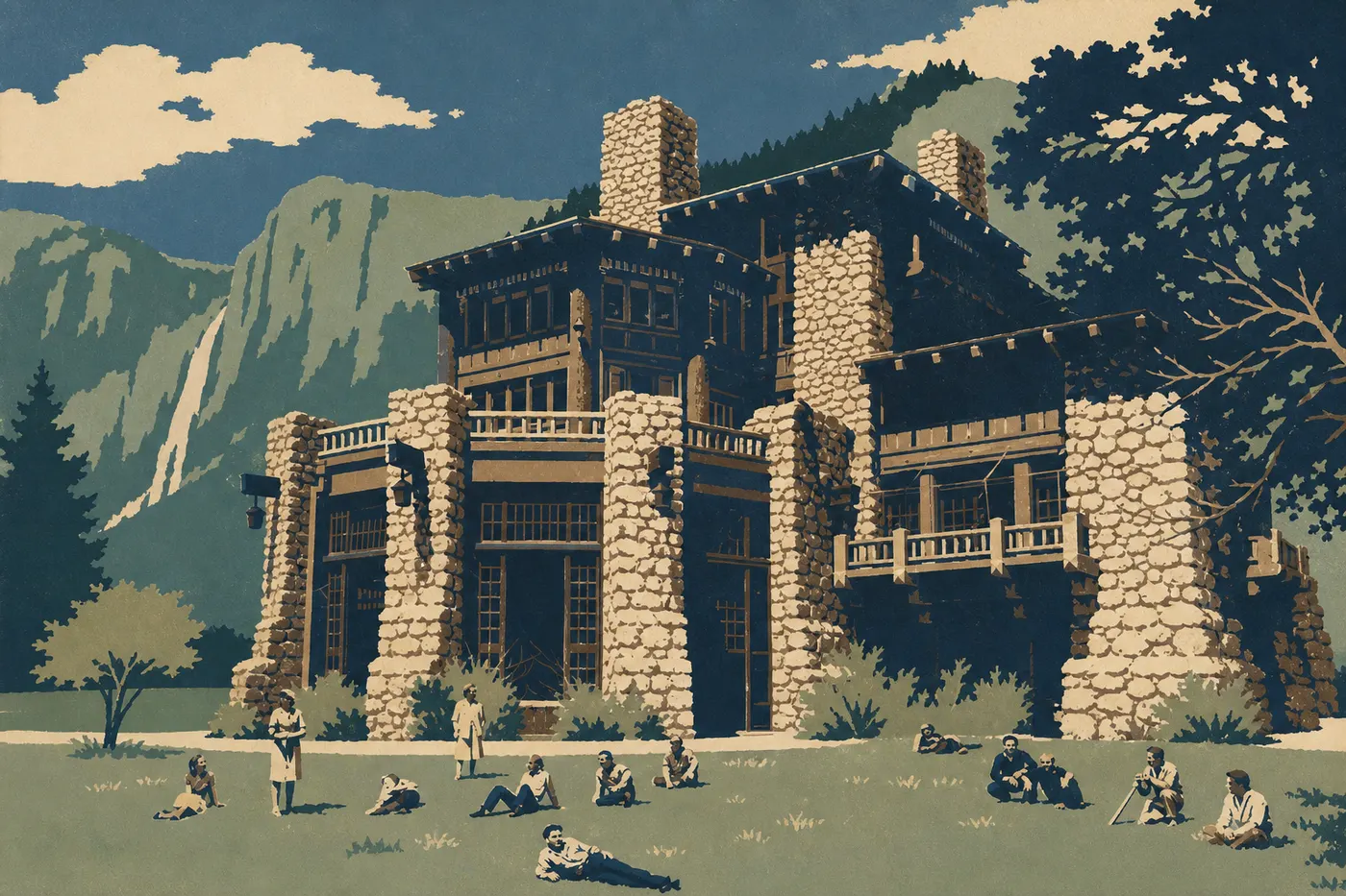 Illustration sérigraphiée : La façade de pierre de l'Ahwahnee se détache parmi les pins sous les falaises de Yosemite Valley