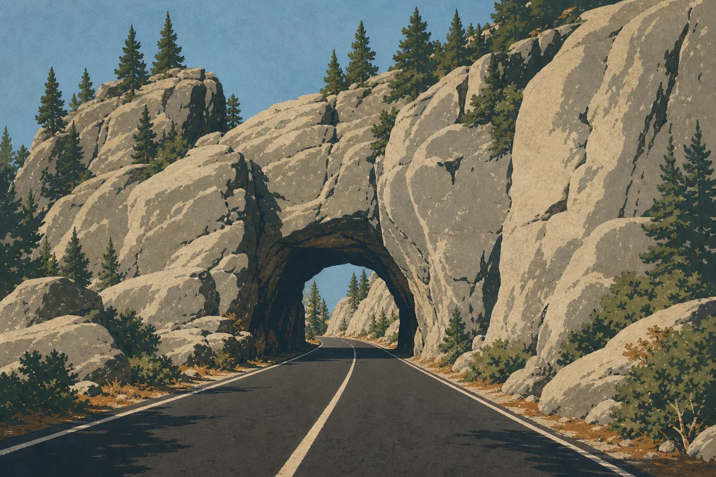 Illustration sérigraphiée : La route franchit Arch Rock Entrance entre deux imposantes parois granitiques couvertes de conifères