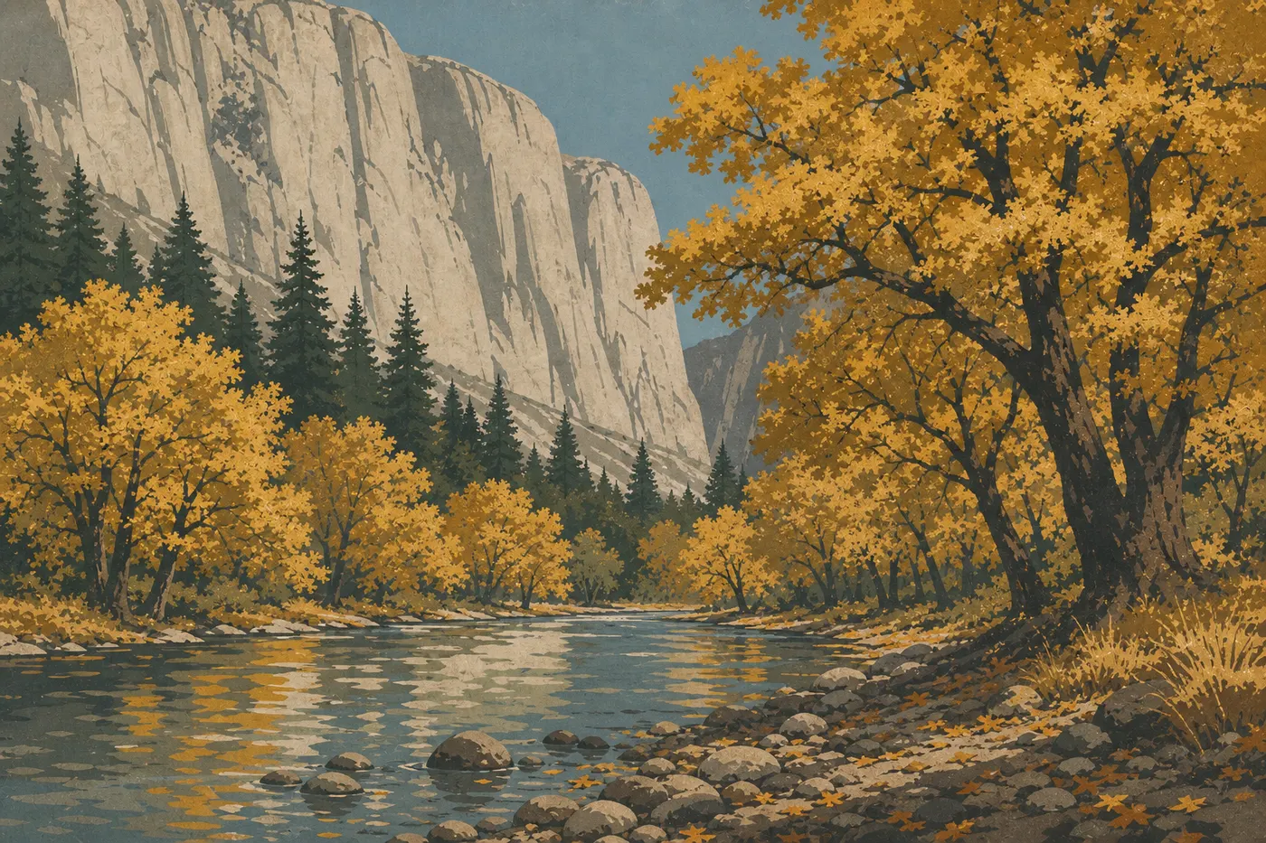 Screen-printed illustration: Golden oaks in Yosemite Valley line the Merced River beneath the great granite cliffs.