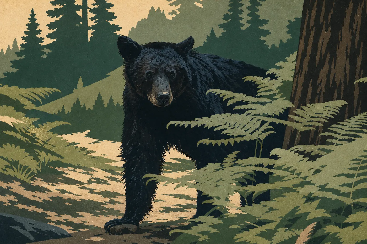 Illustration sérigraphiée : Un ours noir américain traverse une clairière forestière de Yosemite devant les pins de la Sierra Nevada