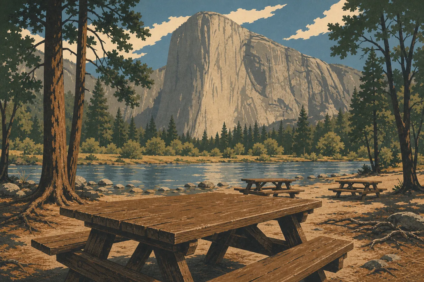 Illustration sérigraphiée : Des tables de pique-nique à Cathedral Beach bordent la Merced River face à El Capitan