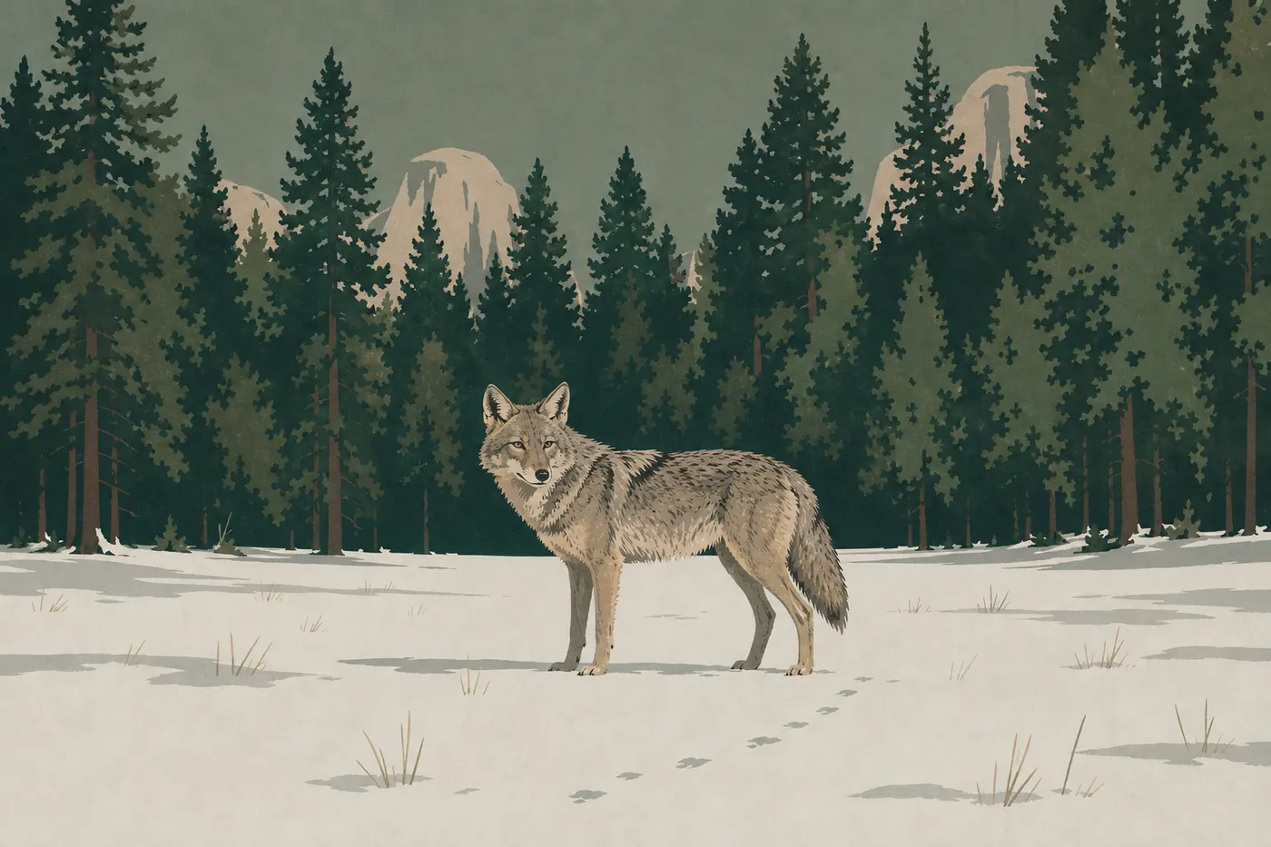 Screen-printed illustration: A coyote stands in a snowy meadow in Yosemite Valley, before a pine forest edge.