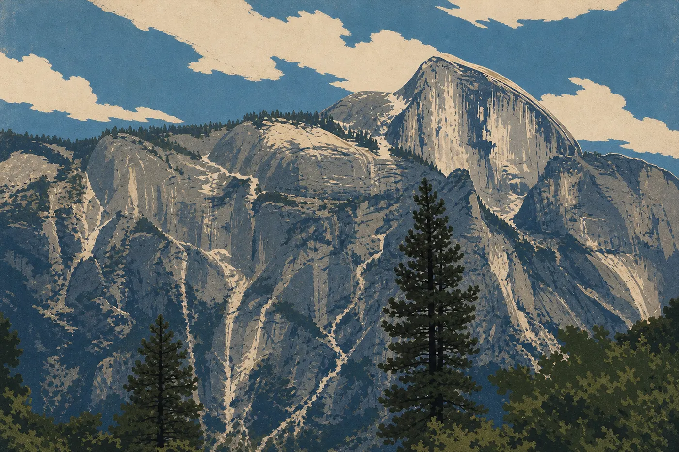 Illustration sérigraphiée : Depuis Glacier Point, Half Dome domine les cascades et l'immense amphithéâtre granitique de Yosemite Valley