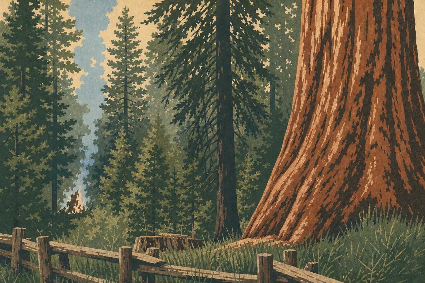 Illustration sérigraphiée : Le Grizzly Giant élève son tronc monumental au-dessus du sentier forestier de Mariposa Grove