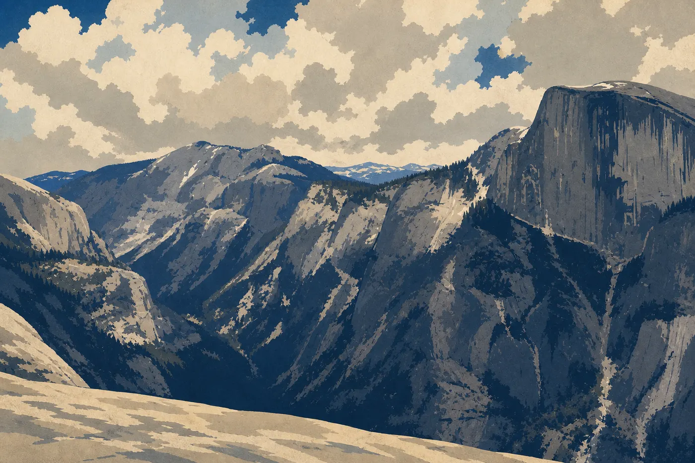 Illustration sérigraphiée : Des nuages d'orage estivaux s'accumulent au-dessus de Half Dome et des crêtes granitiques