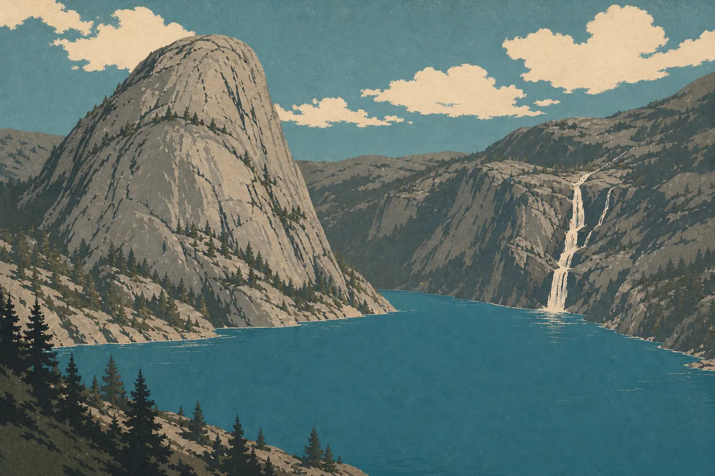 Illustration sérigraphiée : Hetch Hetchy Reservoir s'étend sous Kolana Rock avec Wapama Falls tombant de la falaise opposée