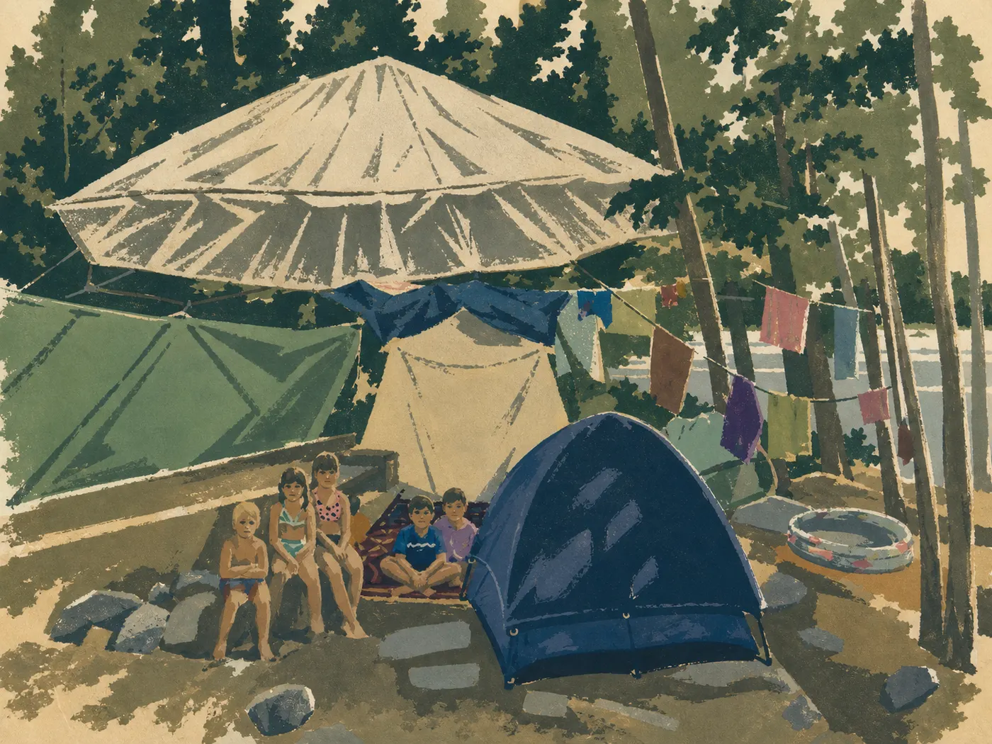 Illustration sérigraphiée : Les unités toilées de Housekeeping Camp s'alignent sous les arbres au bord de la Merced River