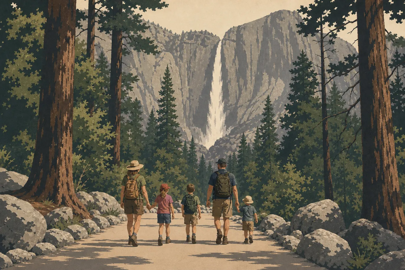 Illustration sérigraphiée : Une famille parcourt le sentier pavé de Lower Yosemite Fall face à la cascade