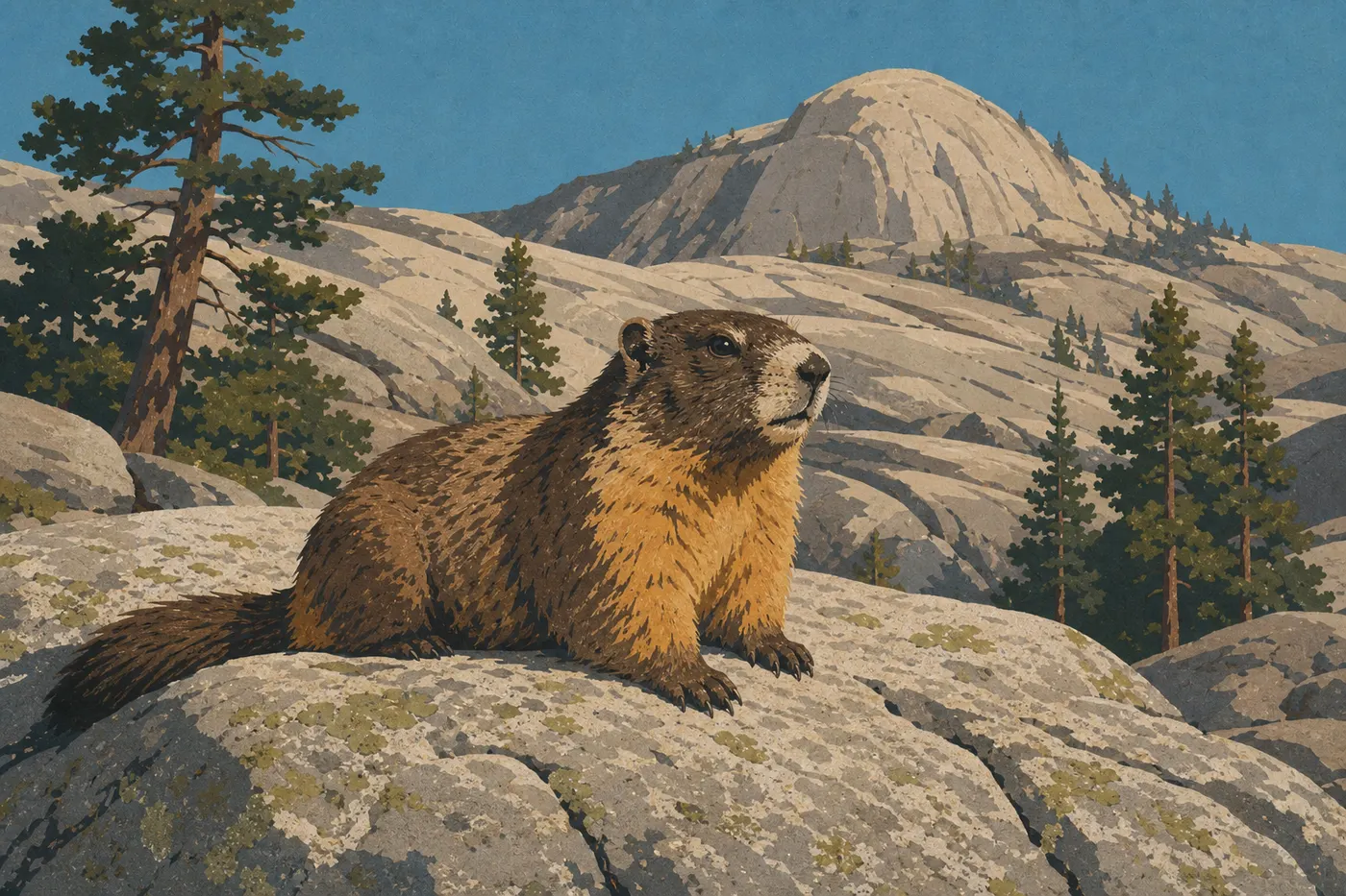 Screen-printed illustration: A yellow-bellied marmot warms itself on a granite rock near Olmsted Point.